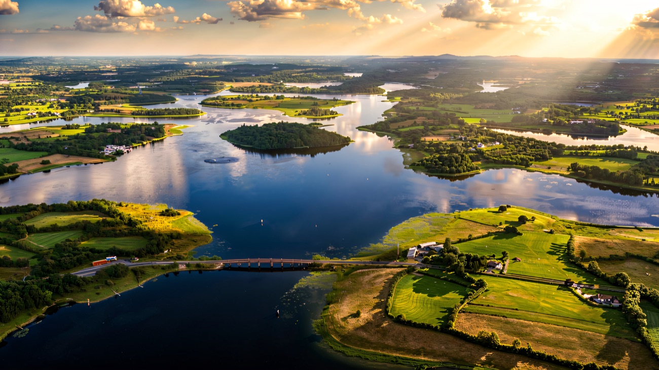 The islands and waterways of Lough Erne stretching to the horizon