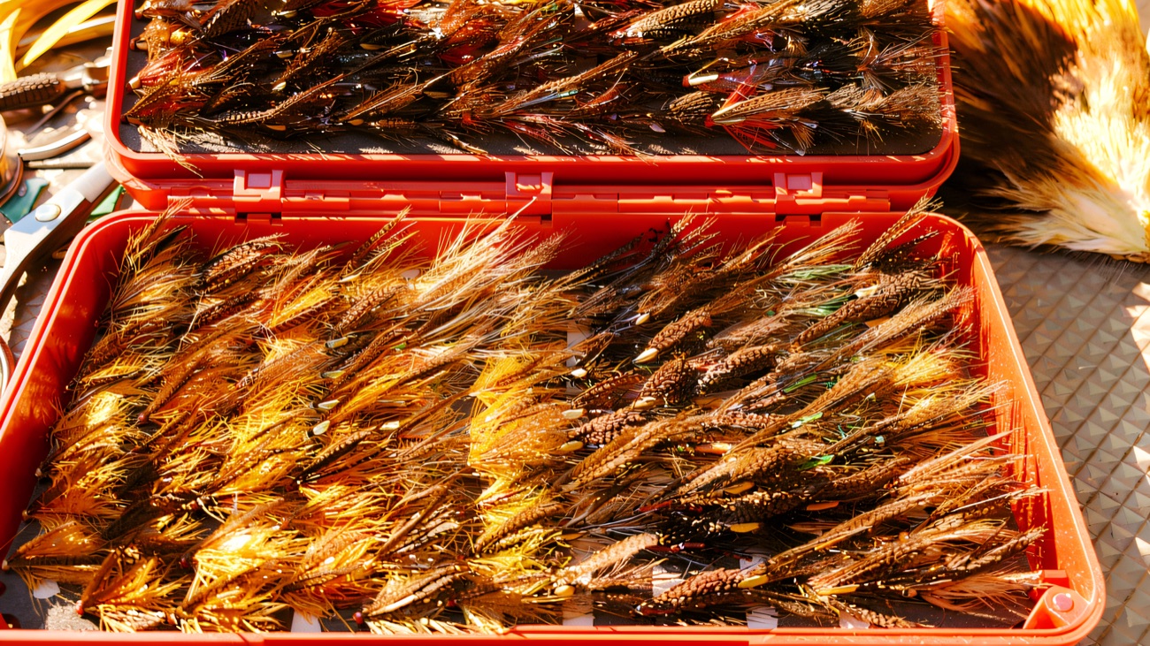 A box of colourful hand-tied fishing flies