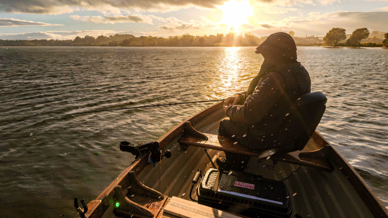 Low winter sun over the water from the bow of a fishing boat