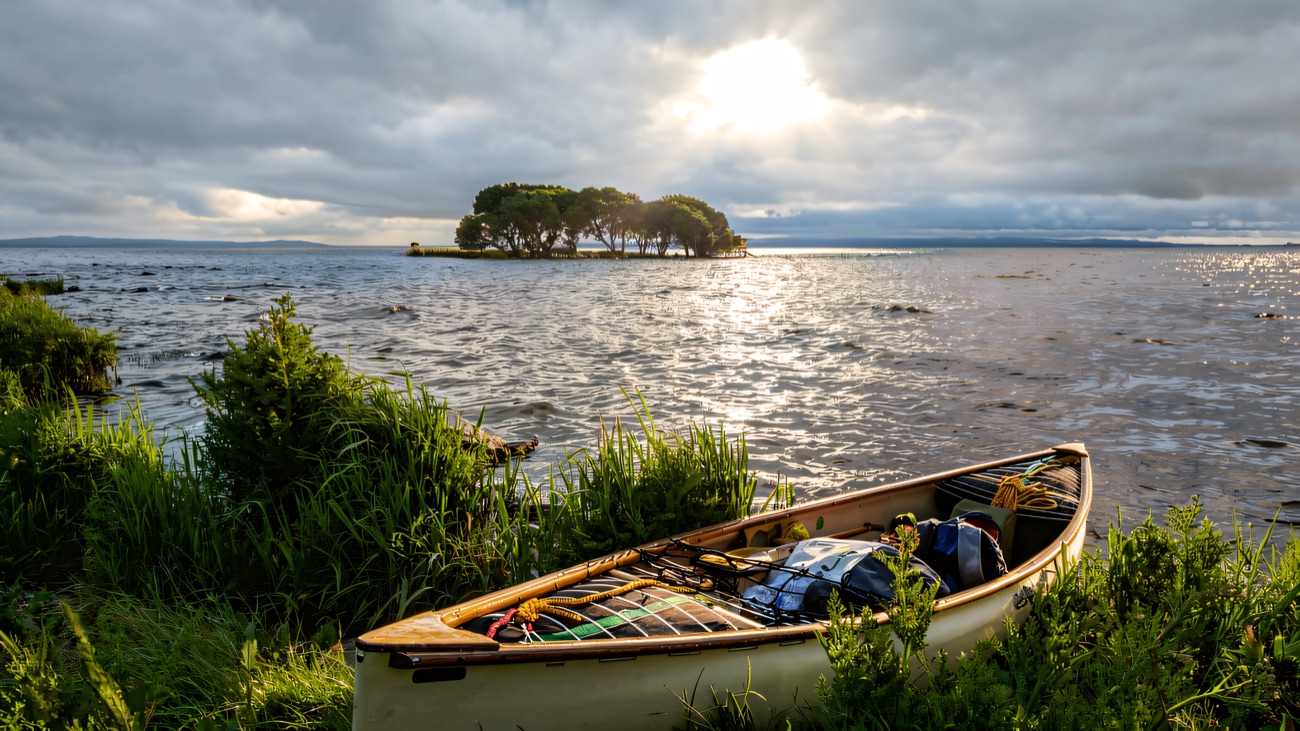 A laden canoe on the grassy shore with a tree-topped islet beyond