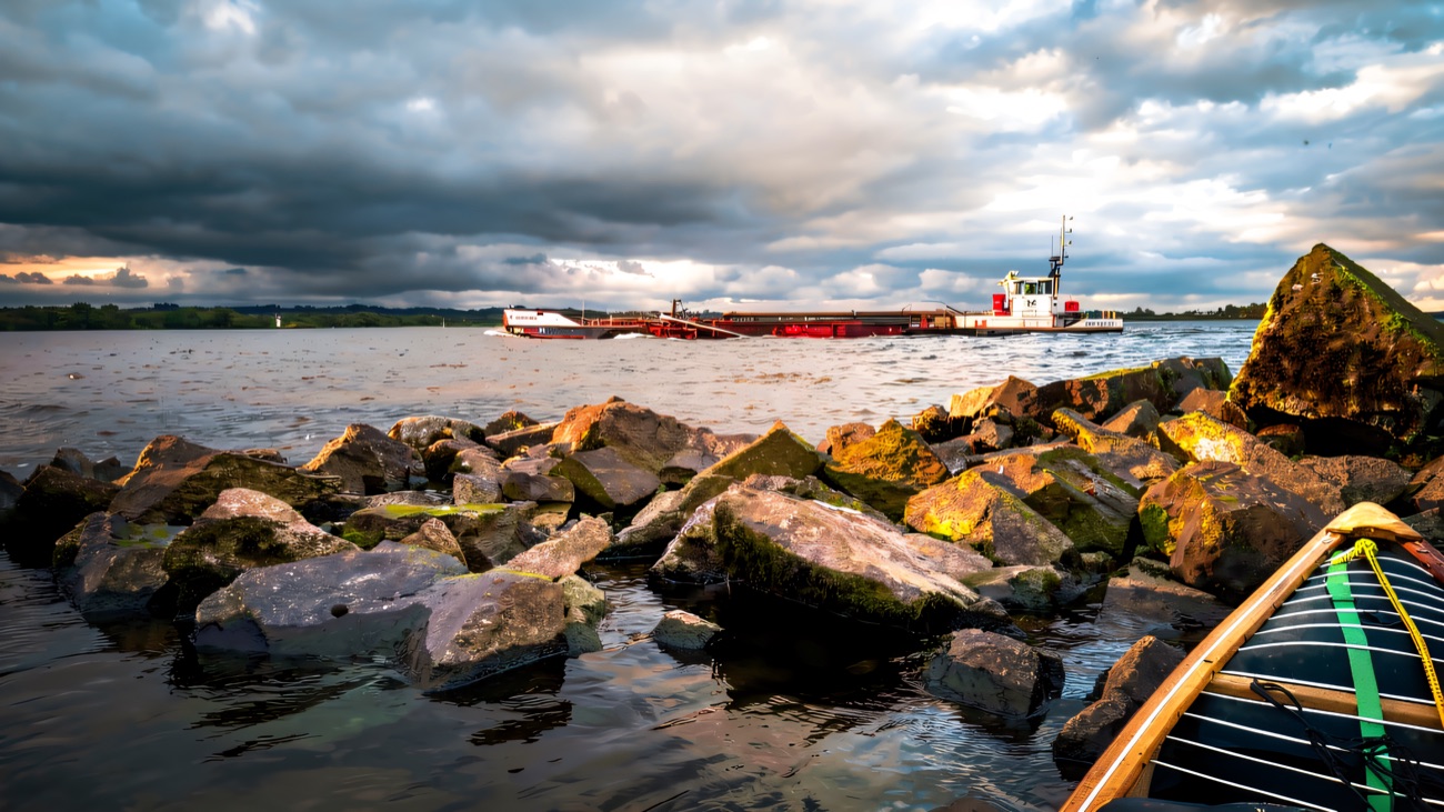 A paddler's-eye view out across the open water of the lough