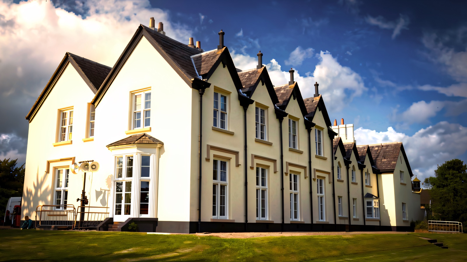 The white-gabled Loughgall Manor on a green rise under a blue sky at Loughgall Country Park