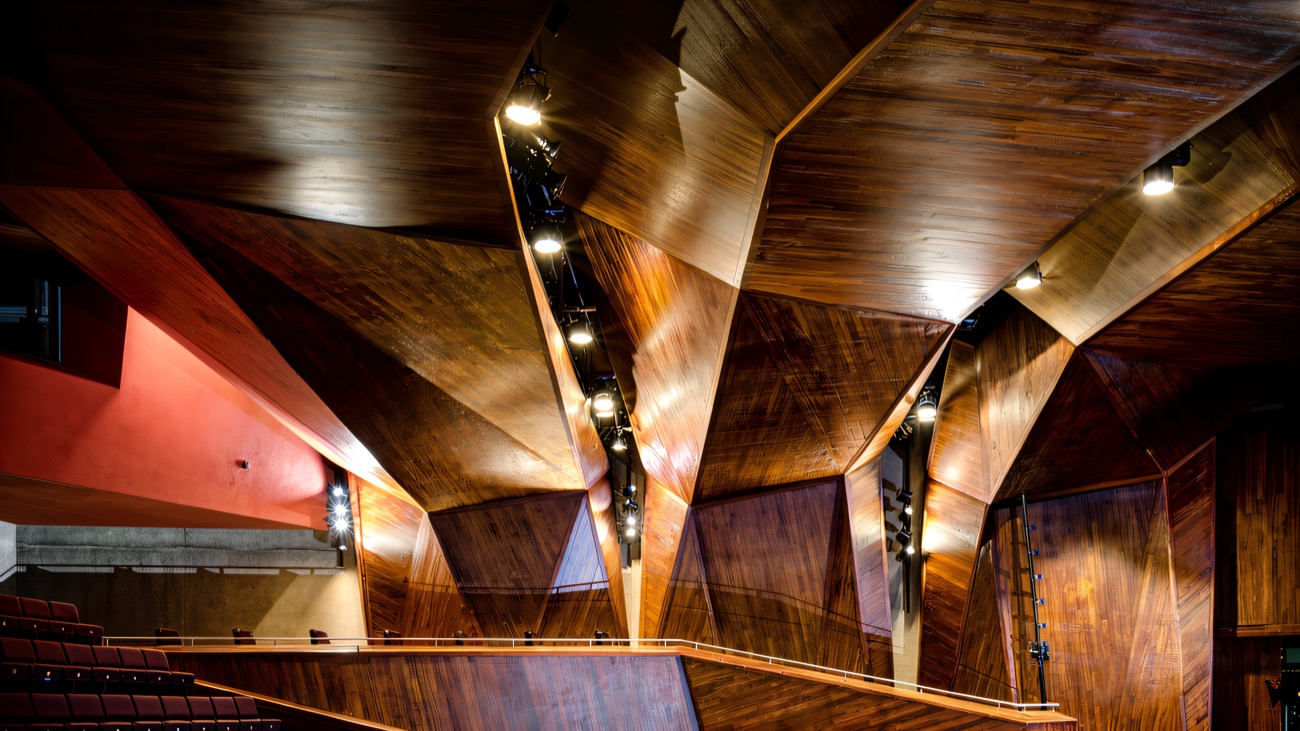 The striking angular wooden ceiling