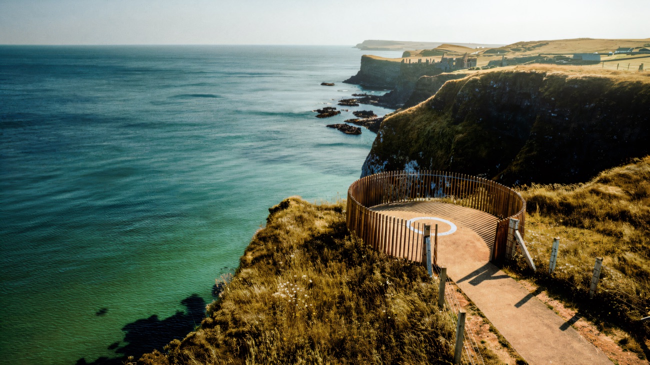 The curved timber viewing platform above turquoise water, Dunluce Castle beyond