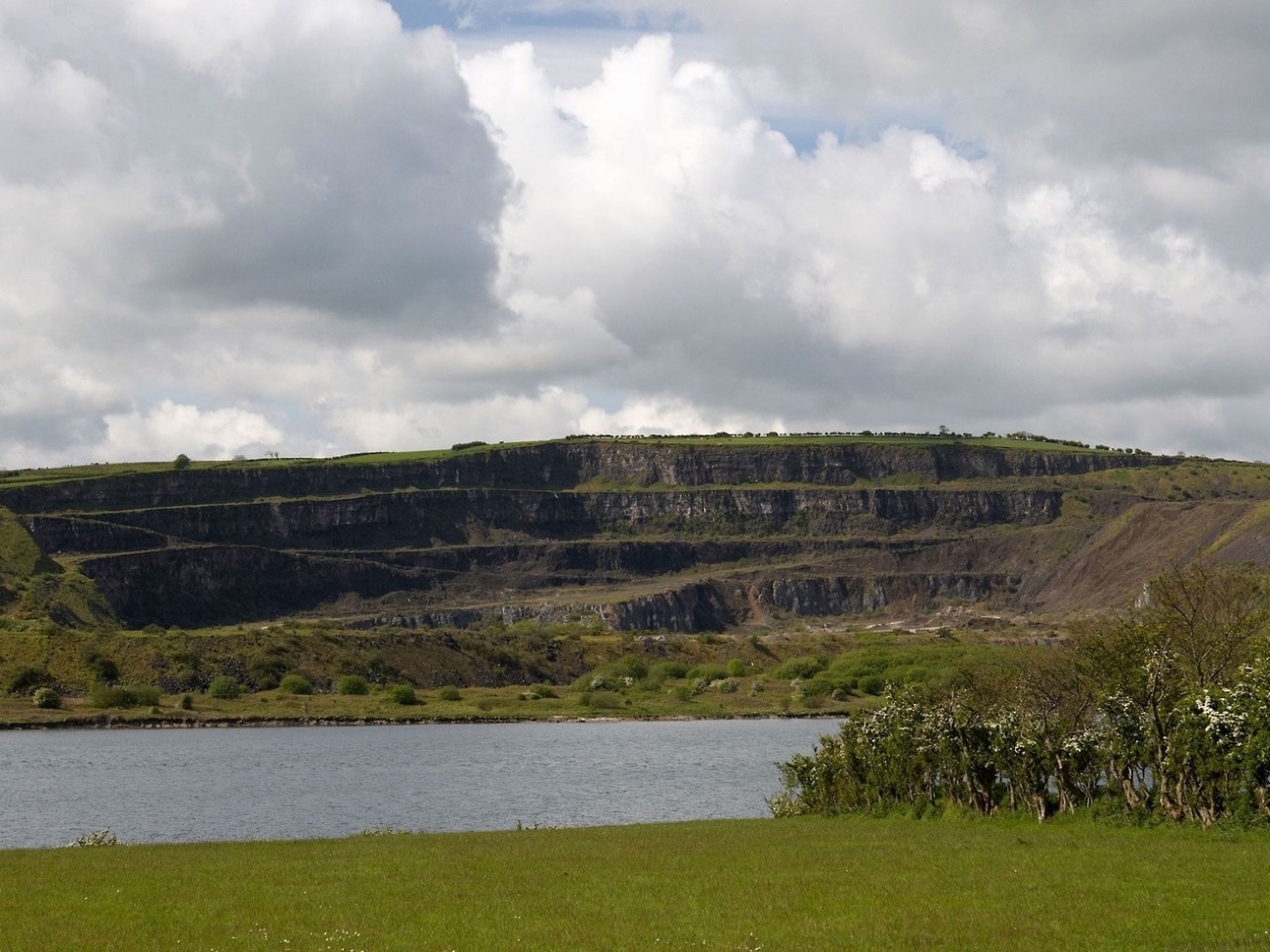 The tall quarried cliff face rising above the water at Magheramorne