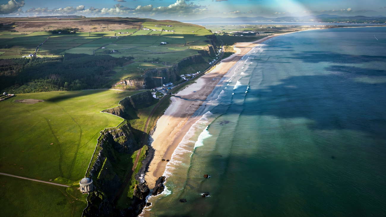 The vast sweep of strand from Mussenden Temple toward Magilligan Point
