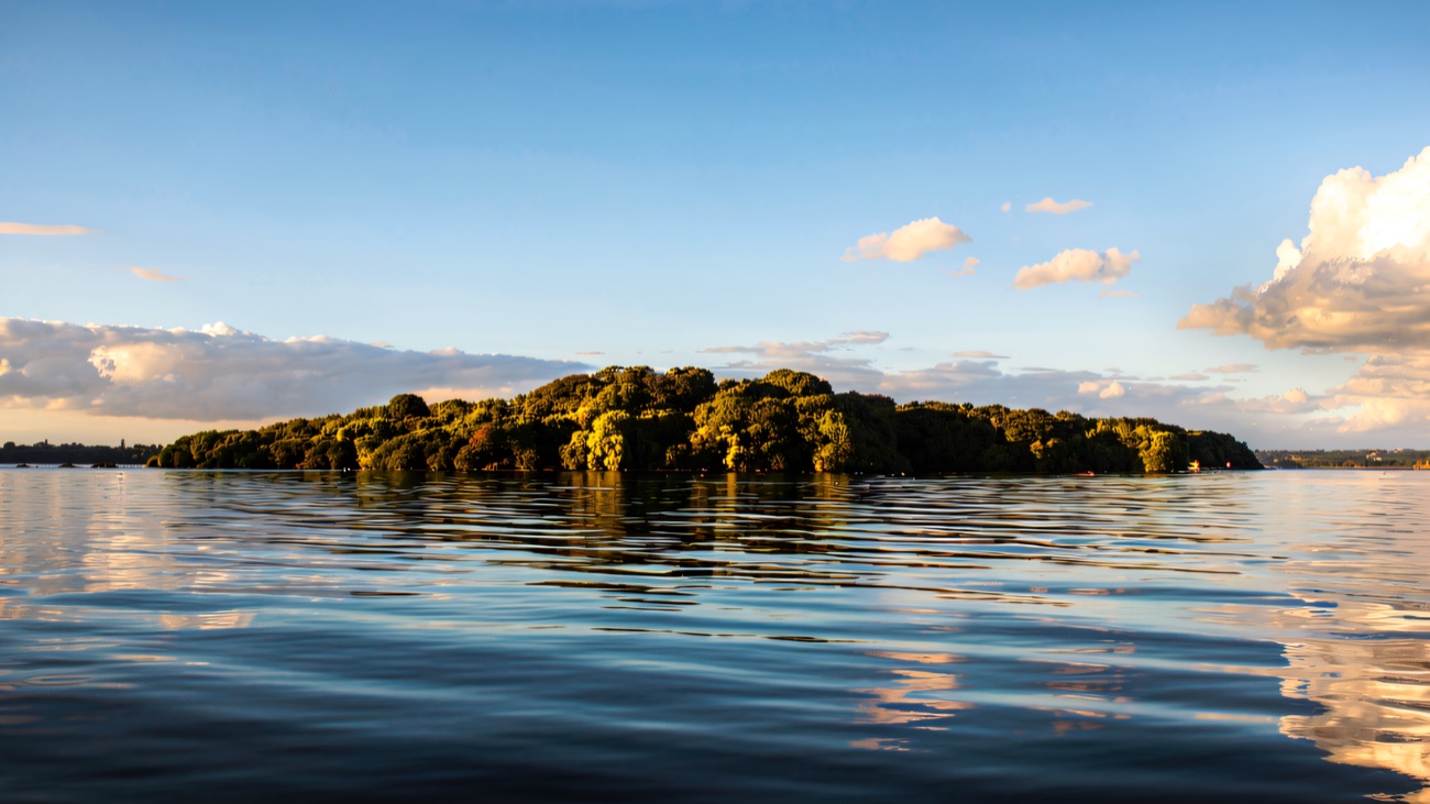 Tree-covered Rams Island sitting low on the calm surface of Lough Neagh.