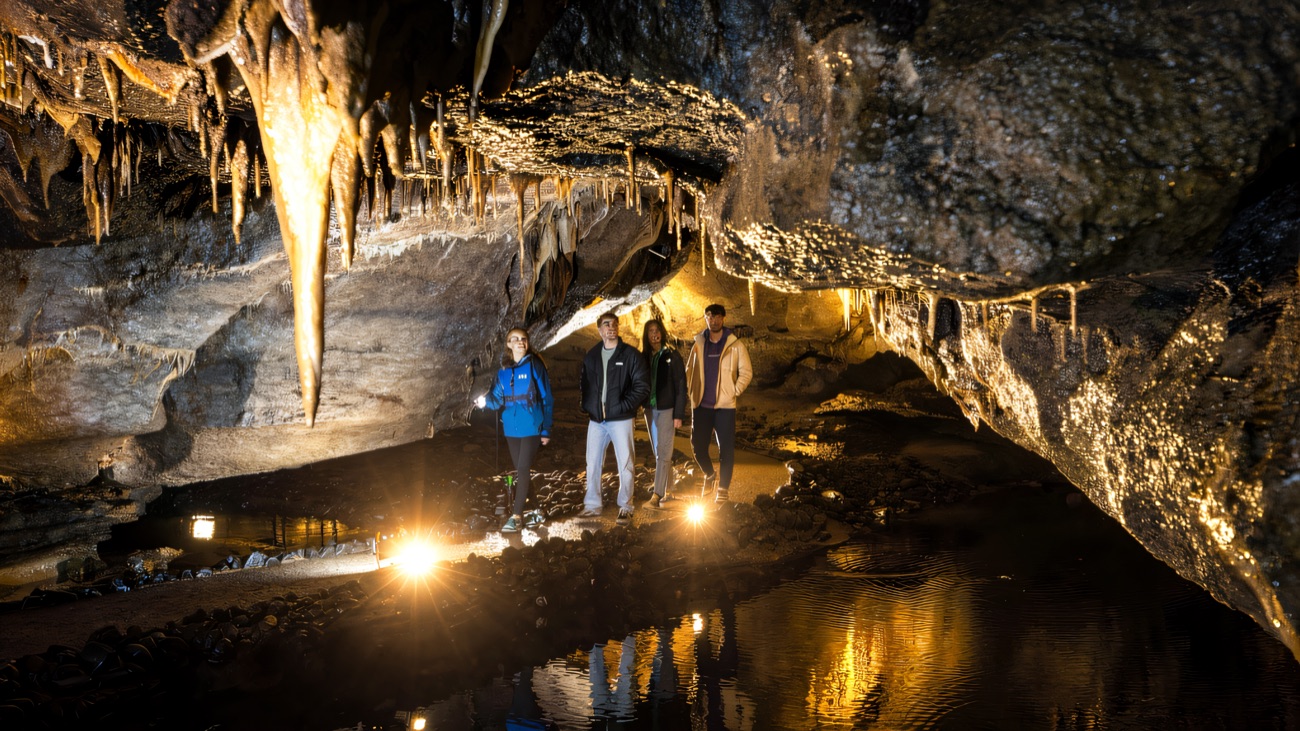 Walking the lit path beneath a ceiling hung with stalactites