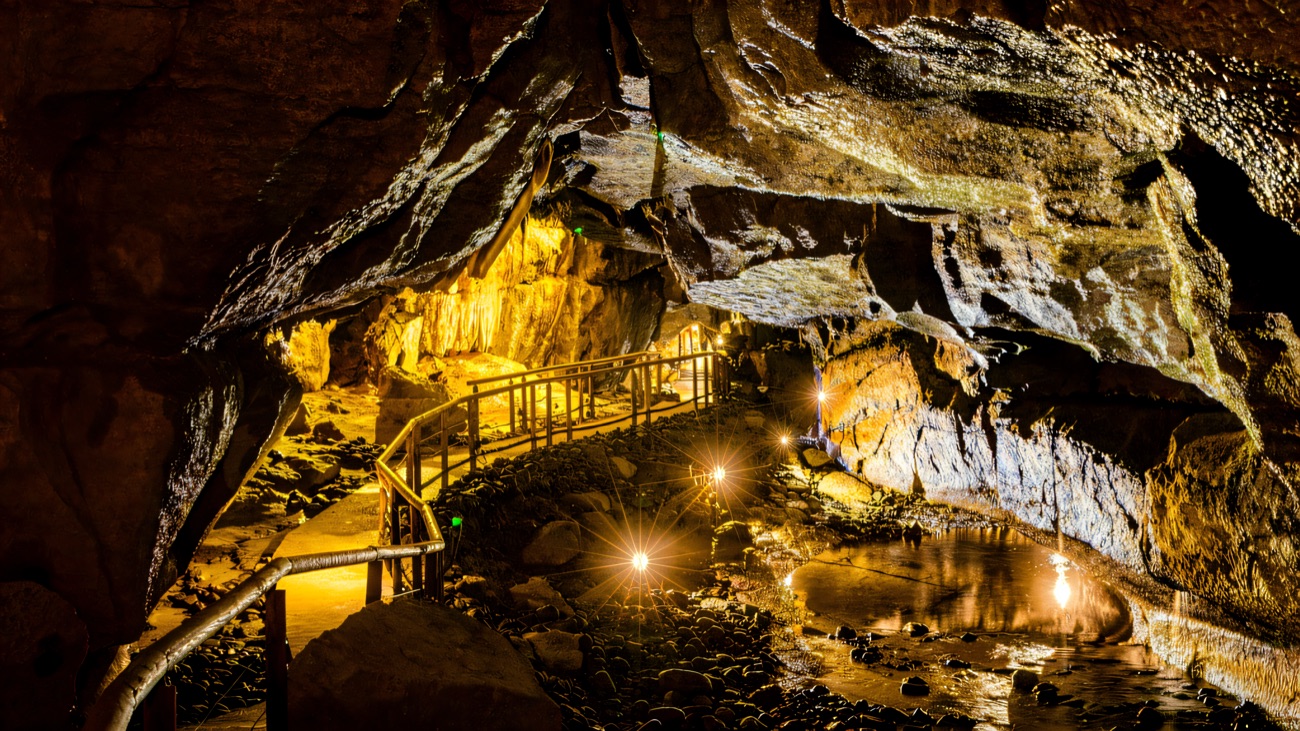 A railed boardwalk winding through a floodlit cavern beside reflecting pools