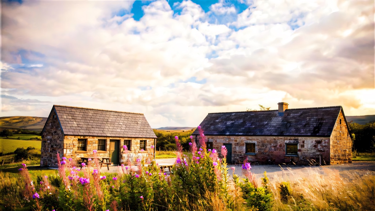 Stone cottages framed by tall willowherb, upland grassland all around