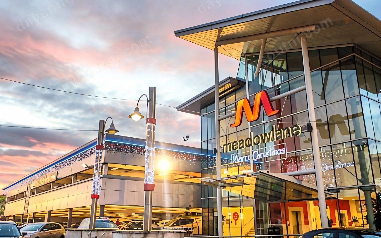 Meadowlane Shopping Centre lit up at dusk from the Moneymore Road, the meadowlane sign glowing over the glass frontage