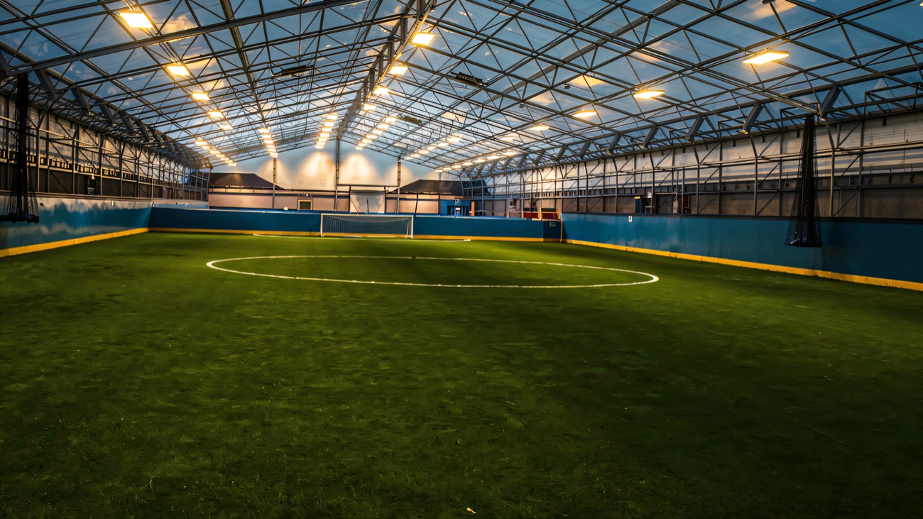 The full-size indoor 3G pitch beneath the arena's curved roof