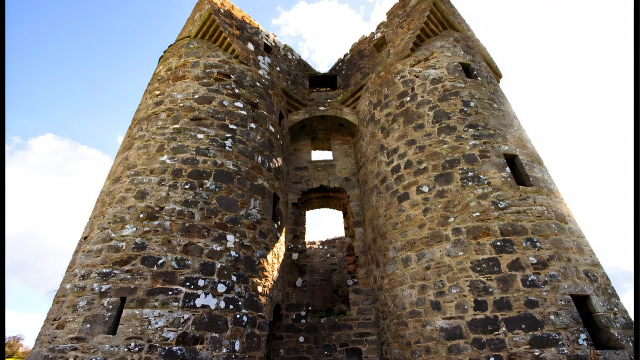 Looking up between Monea Castle's twin towers at the corbelled crow-stepped turrets against the sky