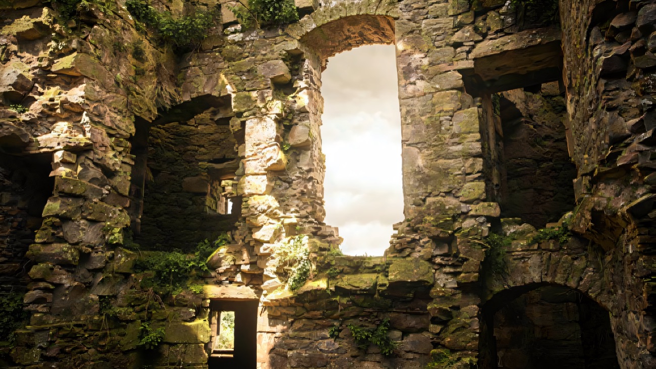 Inside the roofless shell of Monea Castle, tiers of empty window openings against a moody sky