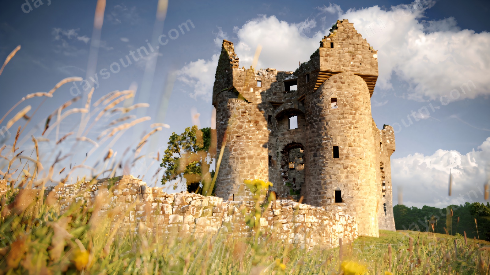 Monea Castle's twin round towers with their corbelled Scottish-style turrets rising above a wildflower meadow