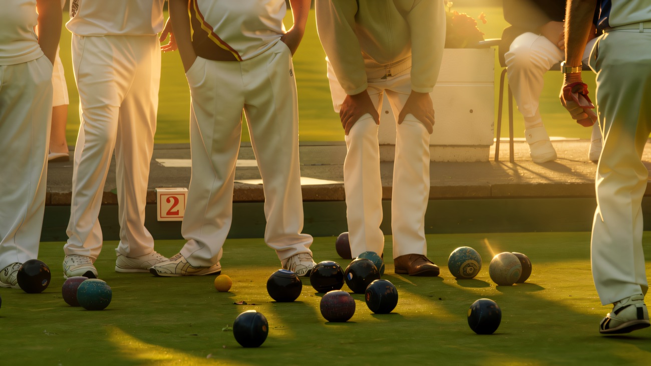 Outdoor lawn bowls in play on the green, woods rolling out across the mat