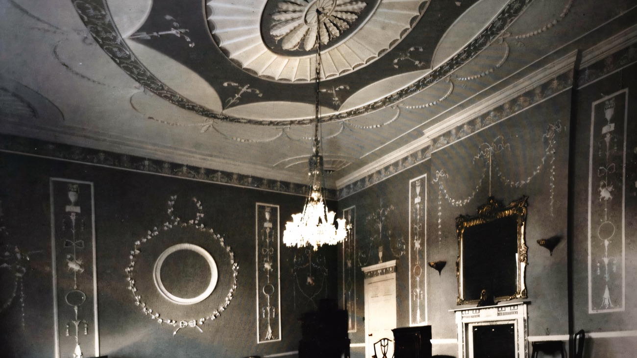 A historic photograph of the celebrated Mount Panther ballroom, showing its fine rococo plasterwork ceiling