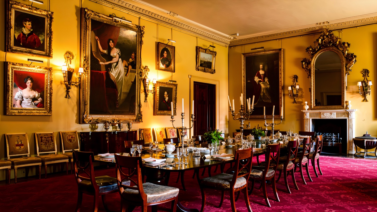 The grand dining room hung with family portraits