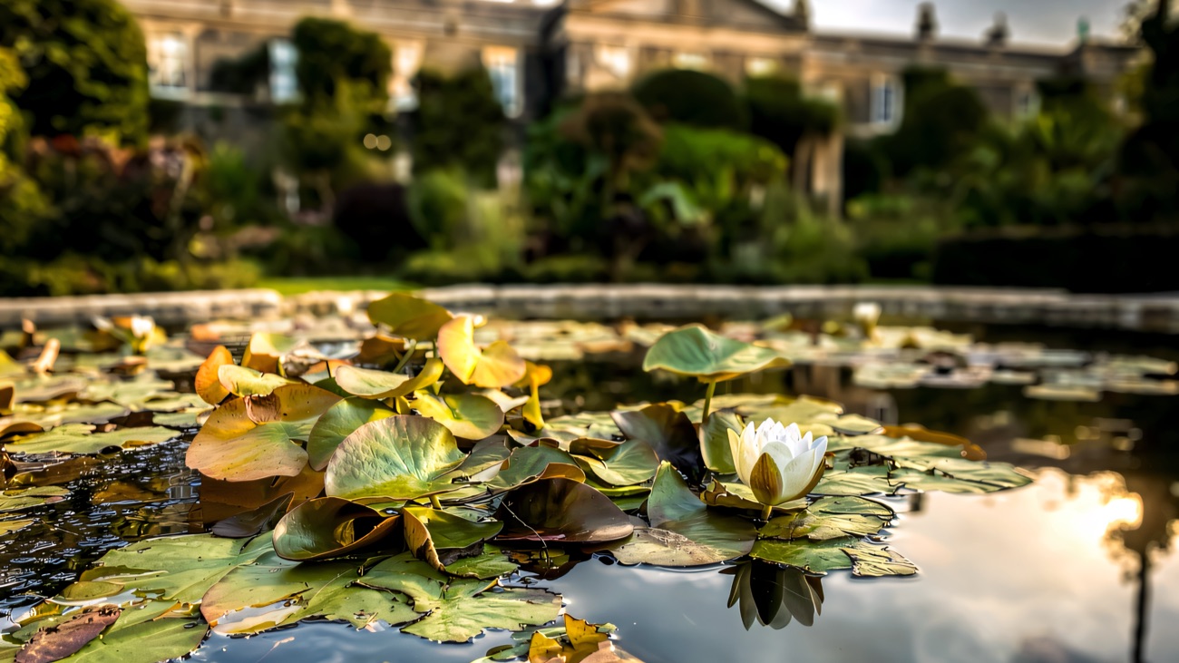 A water lily in flower on the garden pond
