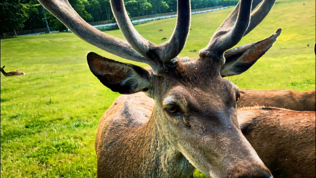 A red deer stag with antlers in velvet standing close in the green deer field