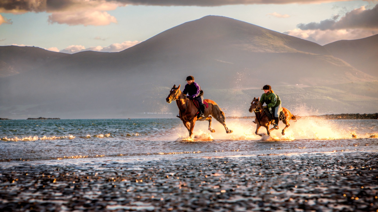 Riders cantering through the shallows with the Mourne Mountains behind