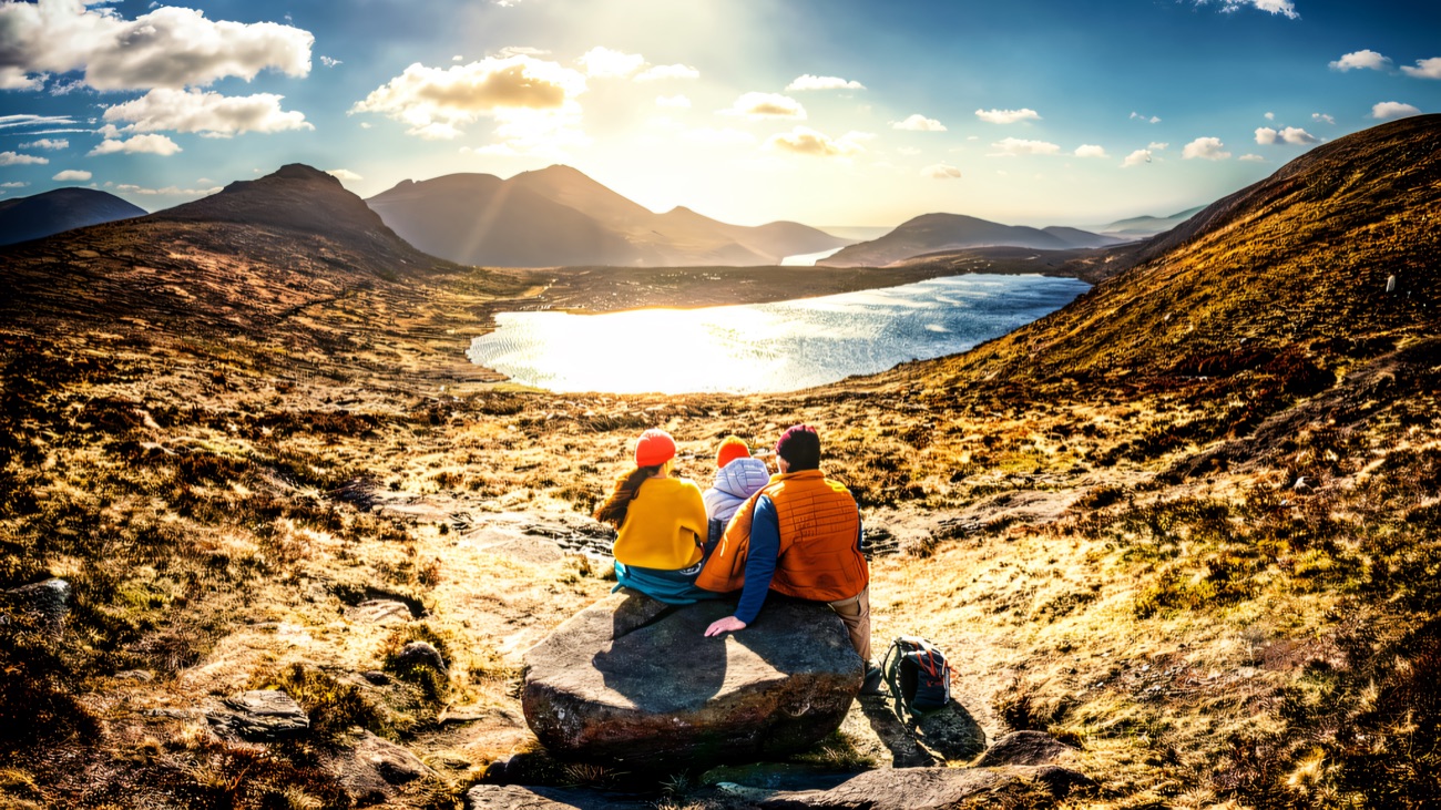 Walkers resting on a boulder above a mountain lough in the Mournes