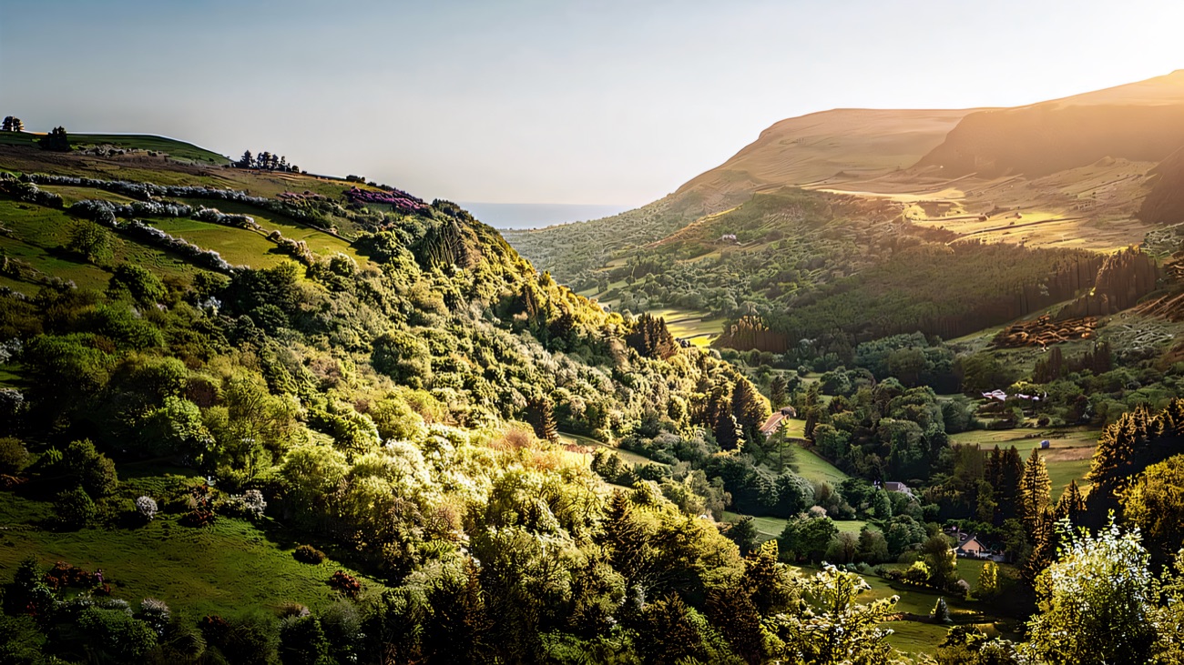 The view down Glenariff towards the sea from high on the way