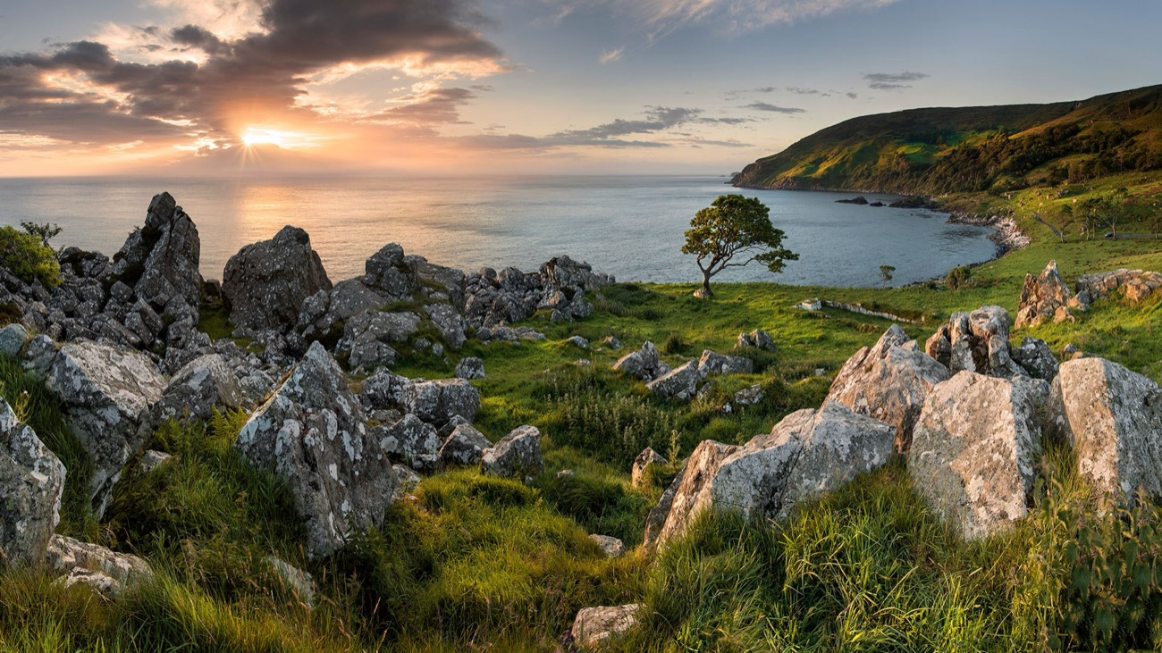 A golden sunset over Murlough Bay with rocks and grass in the foreground