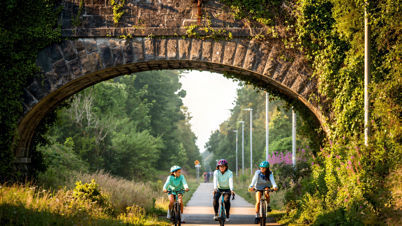 An old railway bridge arches over the path, a reminder of the line it follows