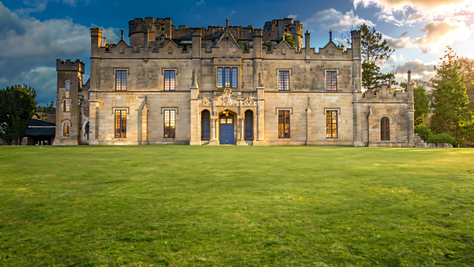 The grey Gothic-revival front of Necarne Castle, its battlements and windows above a wide green lawn