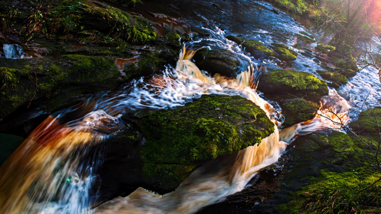 The River Burntollet rushing white over mossy rocks in the gorge below the falls.