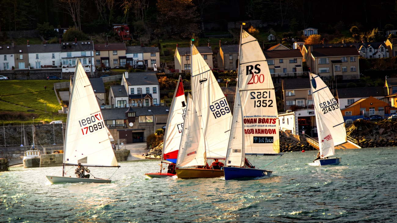 Dinghies jostling for the wind on a crisp racing day