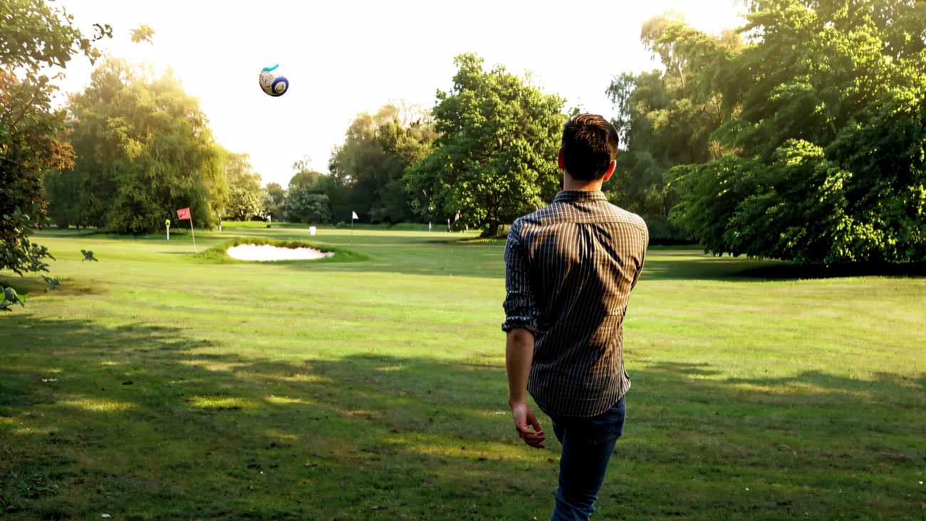 A footgolfer sends the ball sailing down the fairway towards the flag
