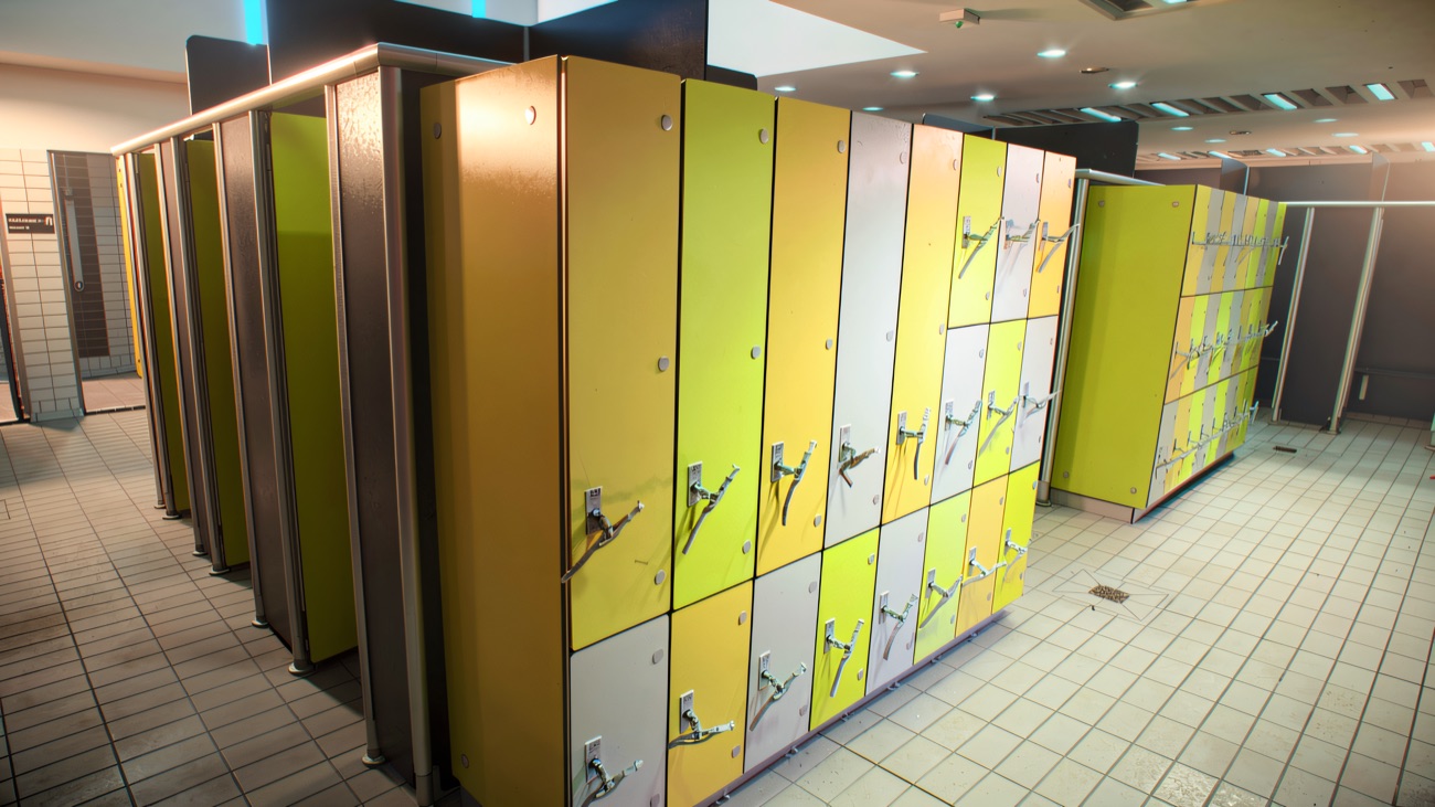 Bright changing village with rows of lockers