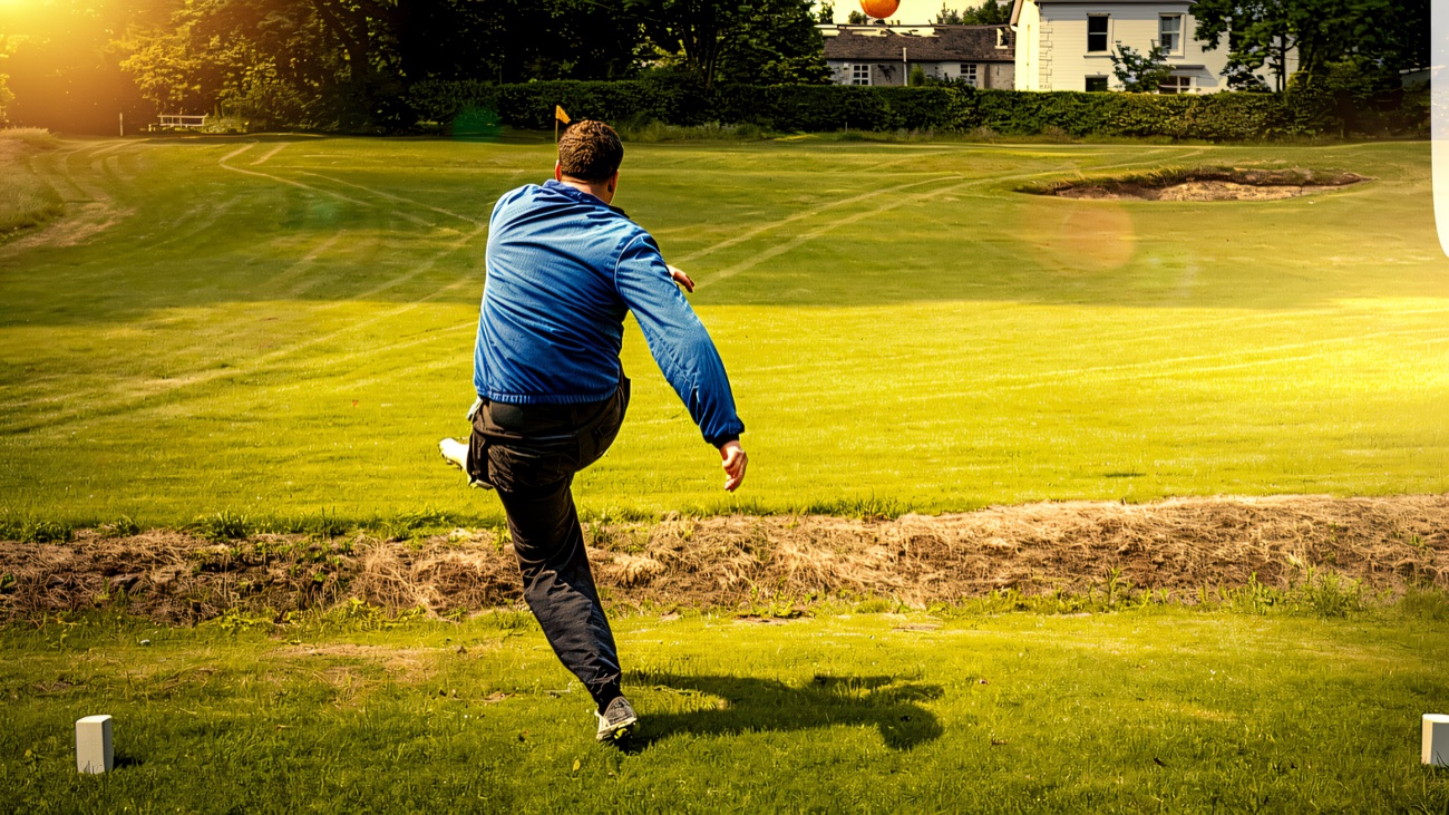 Taking a shot on the footgolf fairway at Newtownabbey, aiming the ball toward the hole