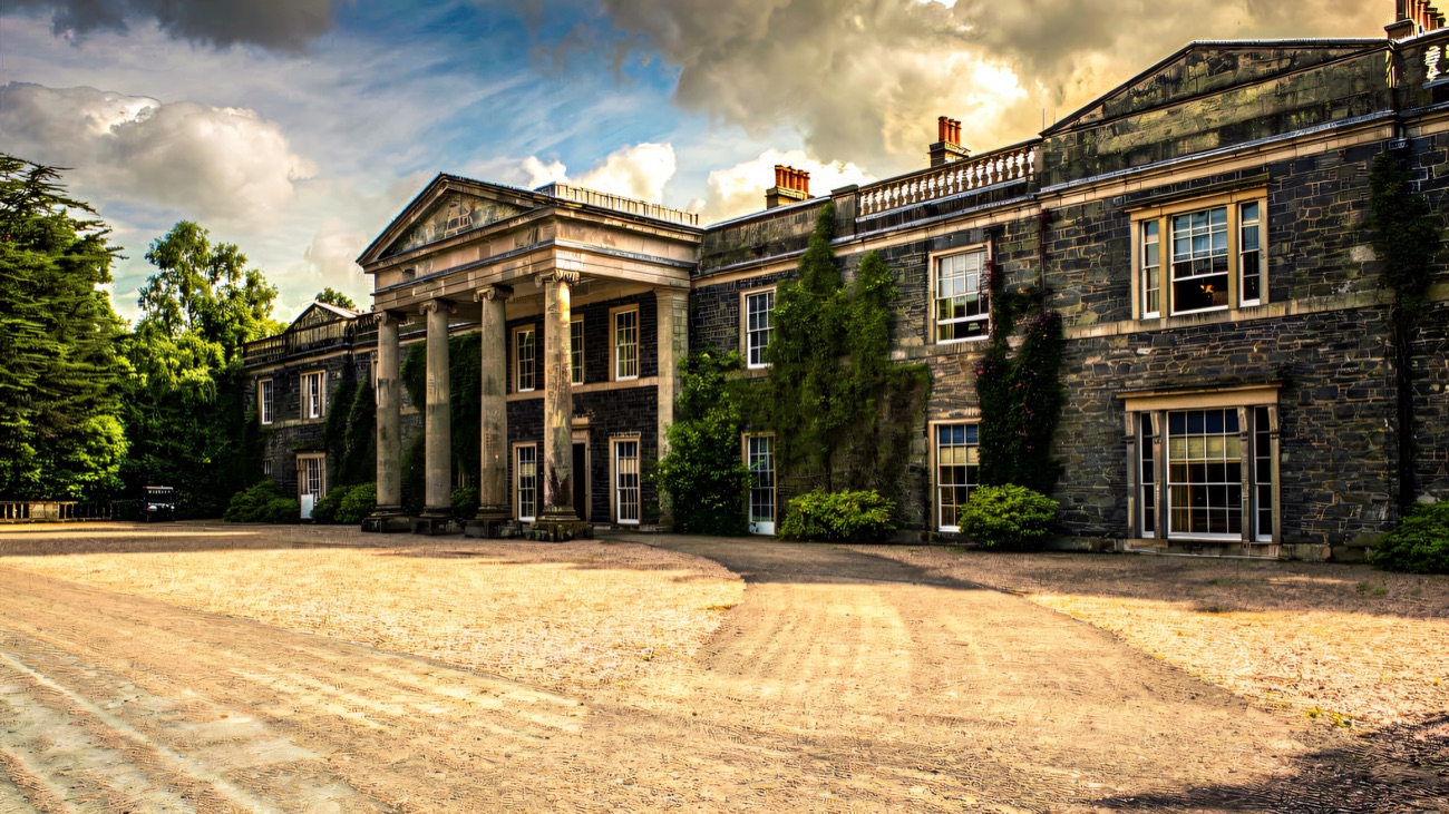 The pillared entrance portico of the historic Mount Stewart mansion.