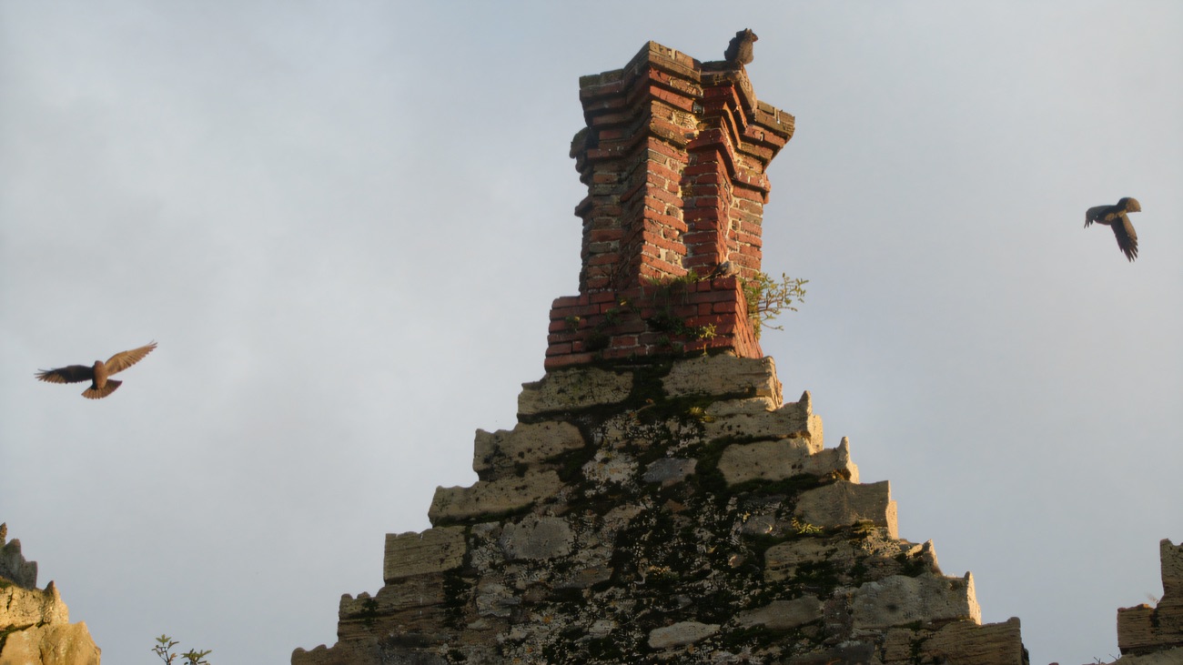 The ornate brick chimney atop the gable, with jackdaws wheeling overhead.