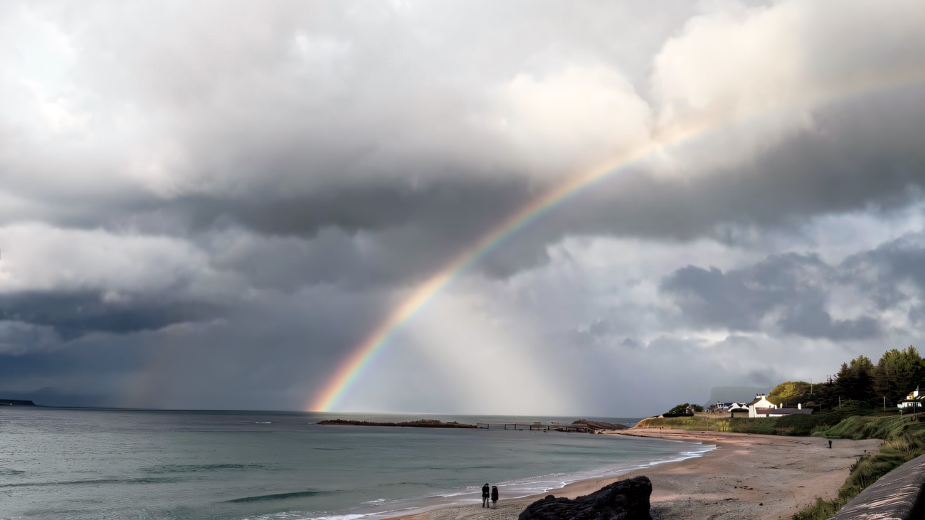 A rainbow arcing over the bay after a shower