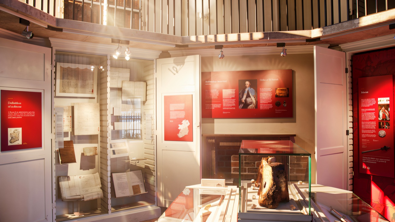 Inside the display room, glass cases of documents beside a carved artefact under spotlights.