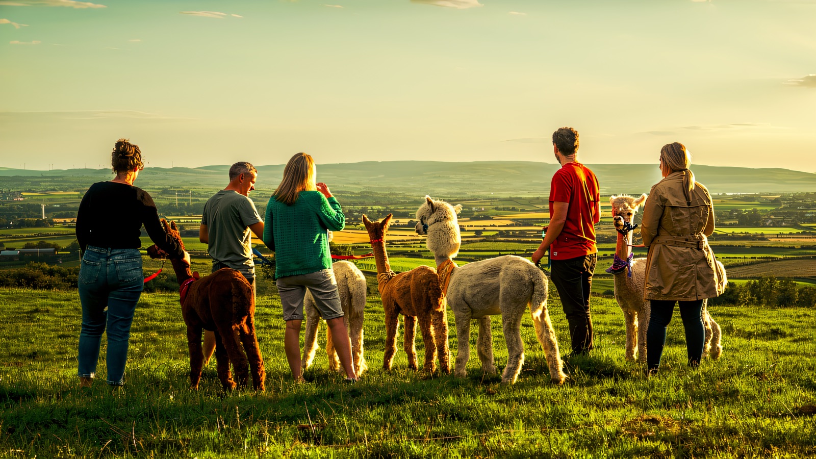 A group leading their alpacas stand on a grassy hilltop at golden hour, looking out over the patchwork Causeway Coast countryside toward distant hills
