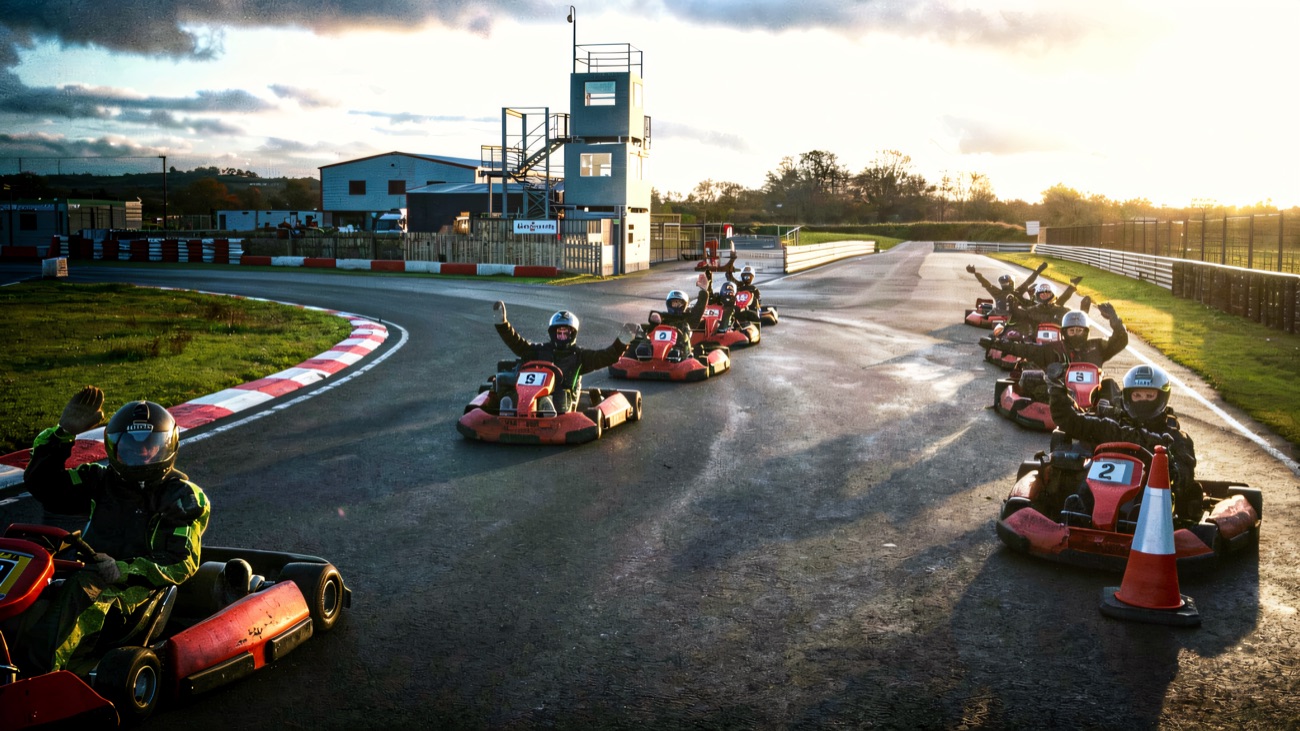 Karts out on the outdoor track at Nutts Corner as evening light falls