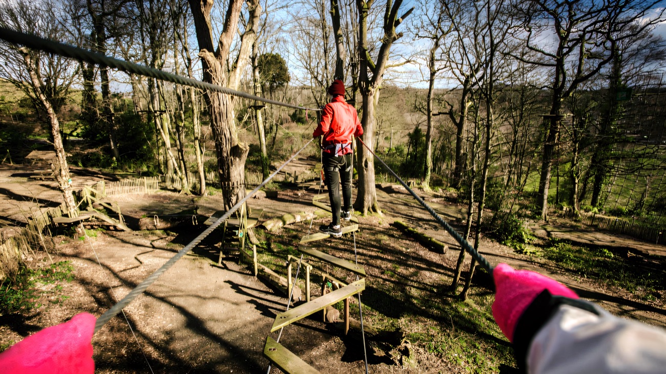 A climber on a high-ropes section above a wooded valley with open countryside beyond