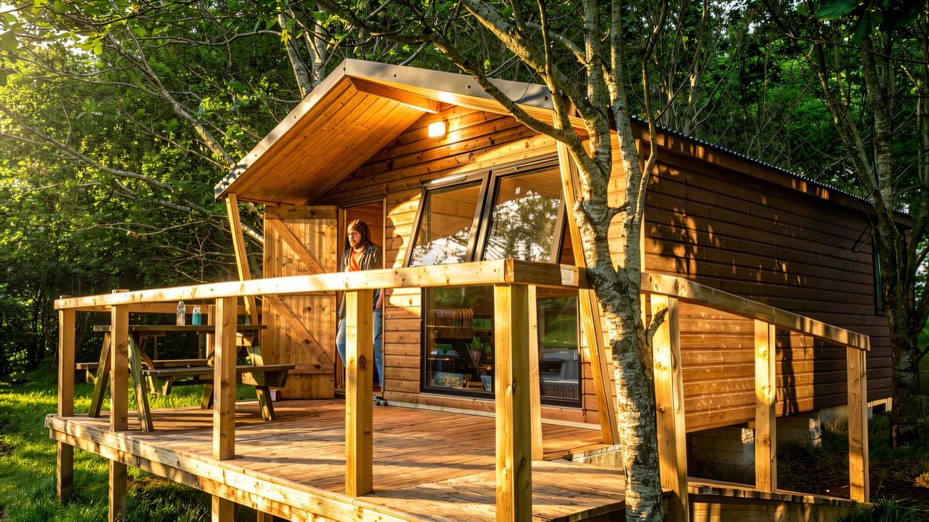 The timber fishing lodge with its decked veranda and picnic table