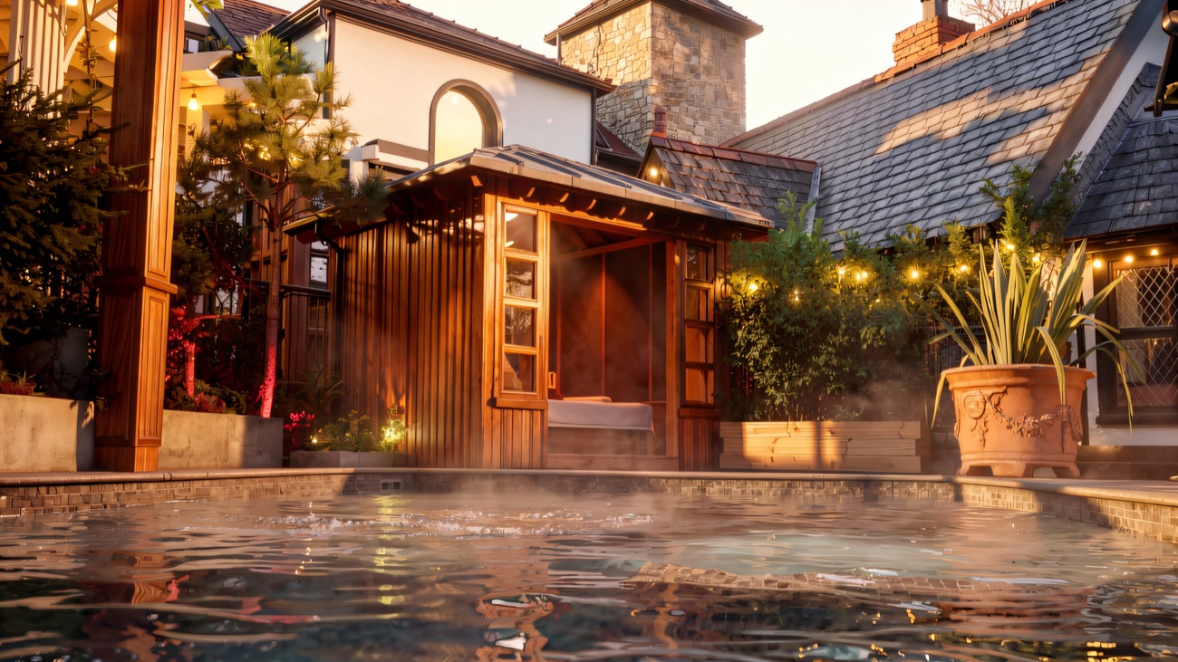 The outdoor pool at dusk, festoon lights strung above and the inn's old chimney behind.