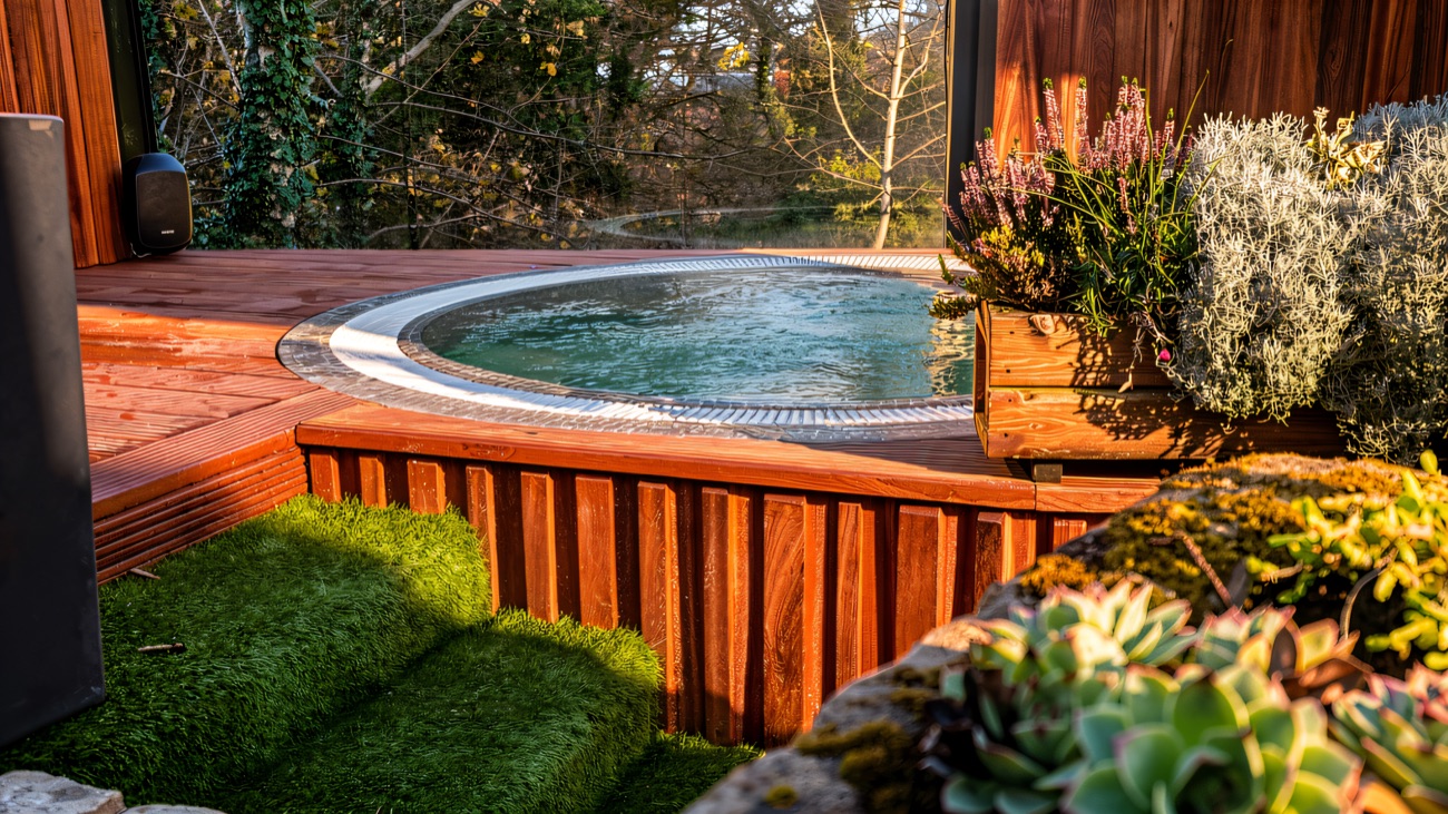 A round outdoor hot tub in a cedar surround, looking out over the bare winter trees.