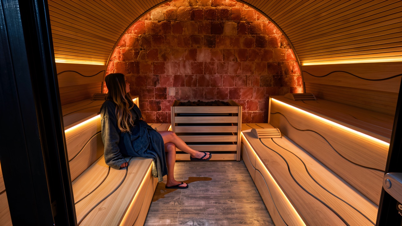 The salt sauna: a curved cedar cabin with a glowing Himalayan salt-brick wall.