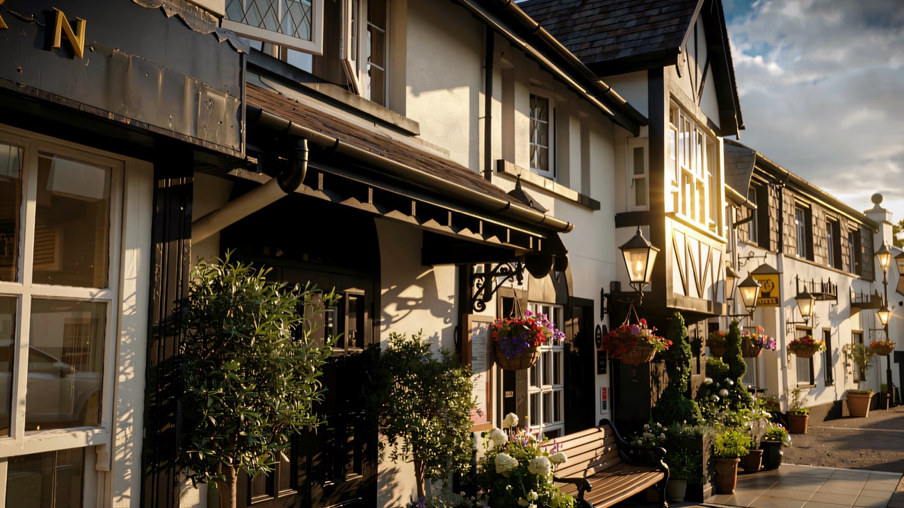The whitewashed, black-timbered front of The Old Inn with hanging baskets and olive trees.