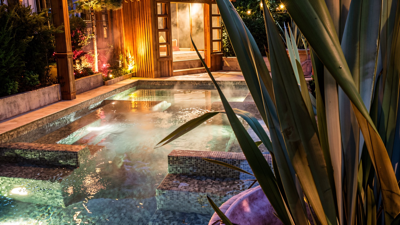 Steam rising off the outdoor pool in the warm evening light, planting close to the water's edge.