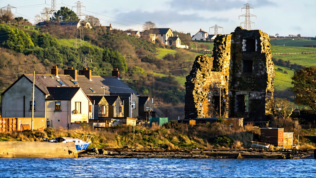 The tower seen from across the water on Larne's Curran Point.