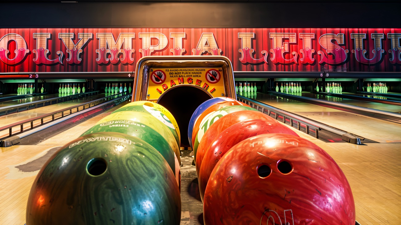 The tenpin lanes lit up under the Olympia Leisure sign, ready for the next frame